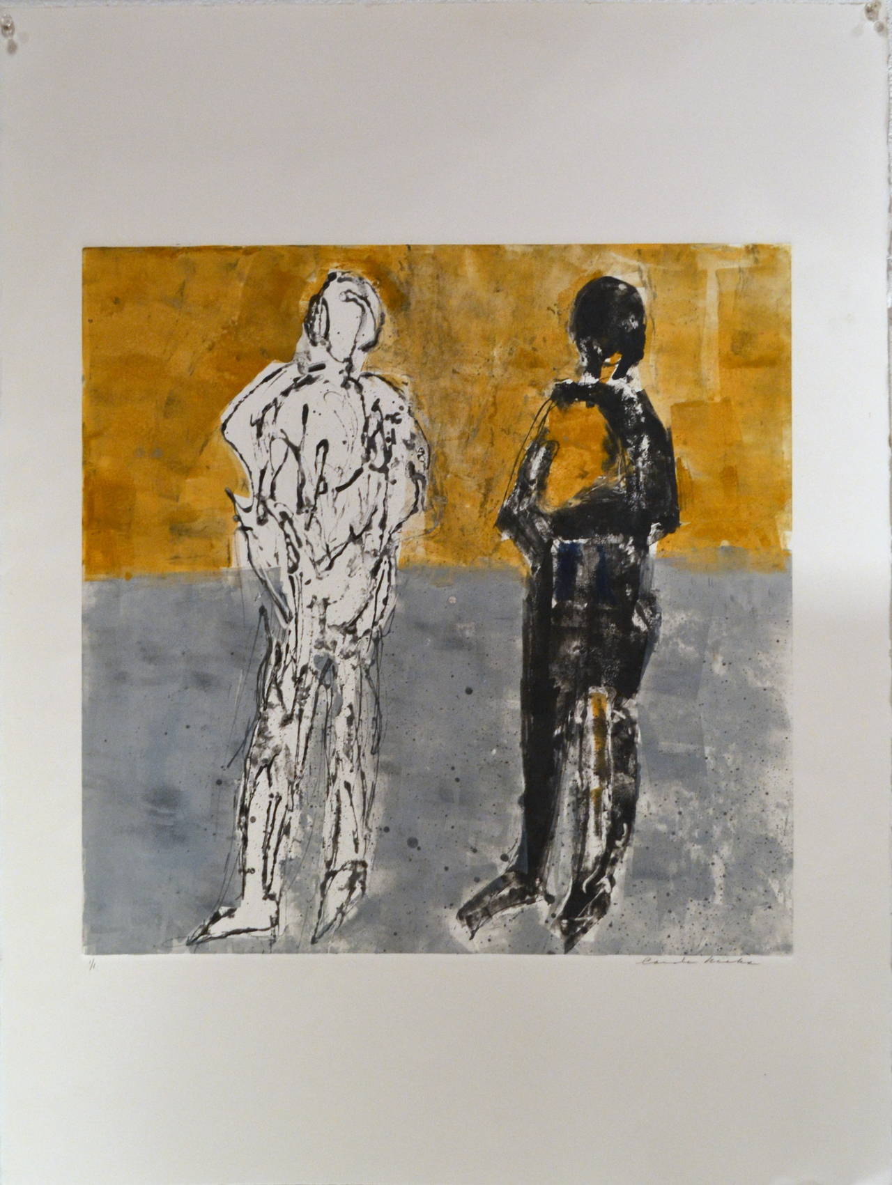 Artist Carole Hicks, a native of California, who is known for her colorful and often whimsical abstract monoprints which are one of a kind original works on paper, not an edition piece. However, in this abstract figurative monoprint titled 