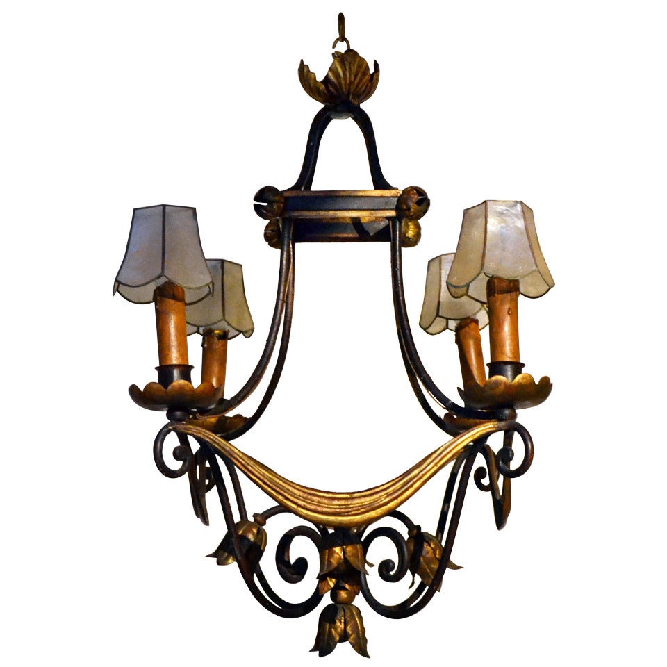 Neoclassic French Iron and Gilt Four Light Chandelier For Sale