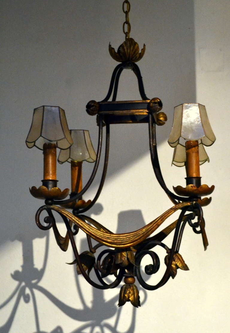 Neoclassic French Iron and Gilt Four Light Chandelier For Sale 1