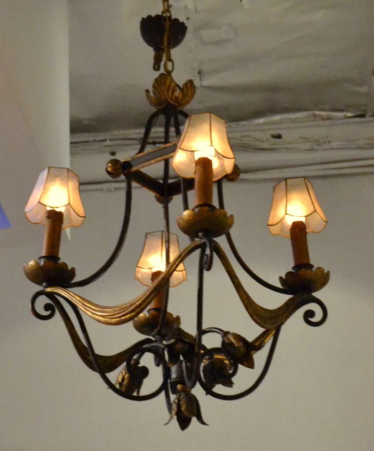 Neoclassic French Iron and Gilt Four Light Chandelier In Good Condition For Sale In Cathedral City, CA