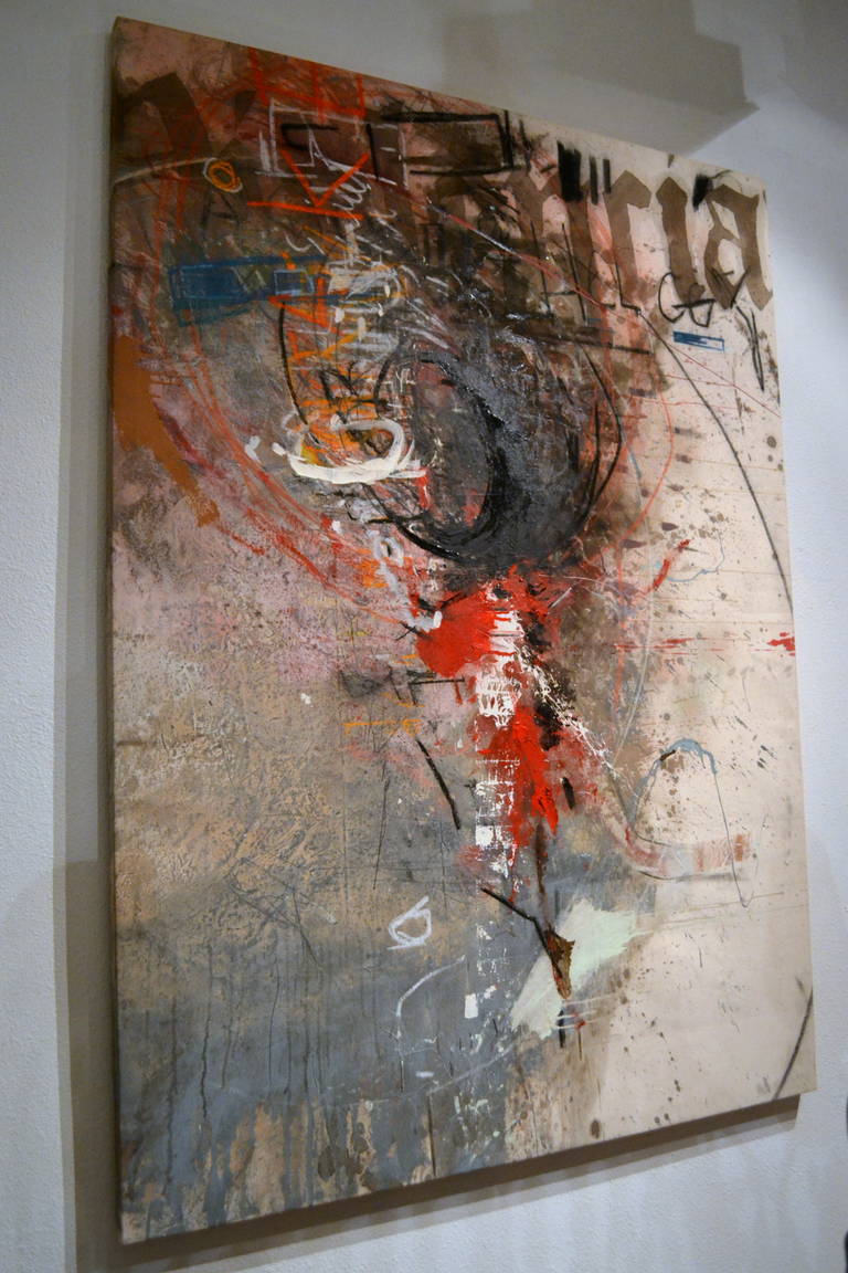 Mixed media on canvas by California artist Gabriel Rivera. Signed Verso.