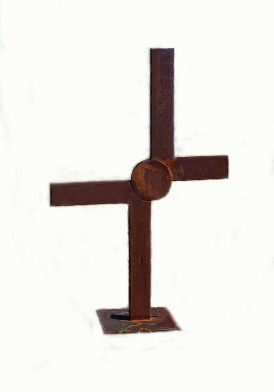 This abstract steel sculpture by highly respected and listed California
sculptor Simi Dabah (b. 1927) could be viewed as part of the coat of arms
of a Saxon king, or an off center cross, or simply a powerful contemporary
sculpture. Whatever the