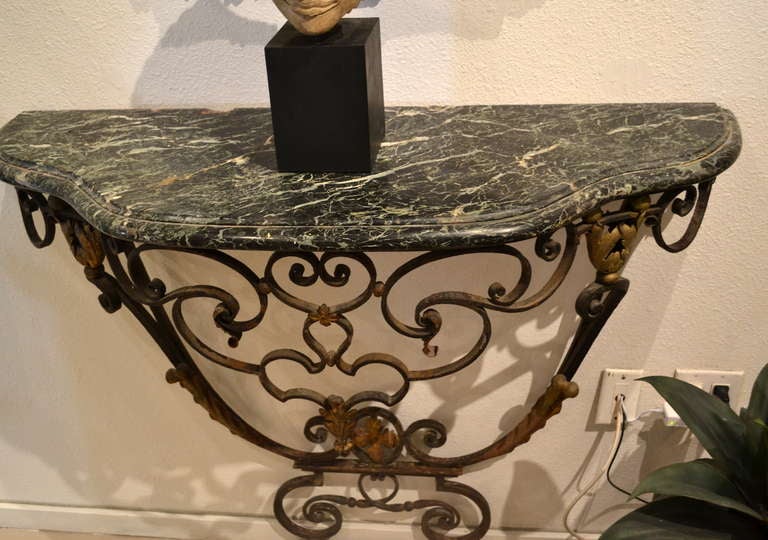Pair of Antique Wrought Iron, Gilt and Marble Console Tables In Good Condition In Cathedral City, CA