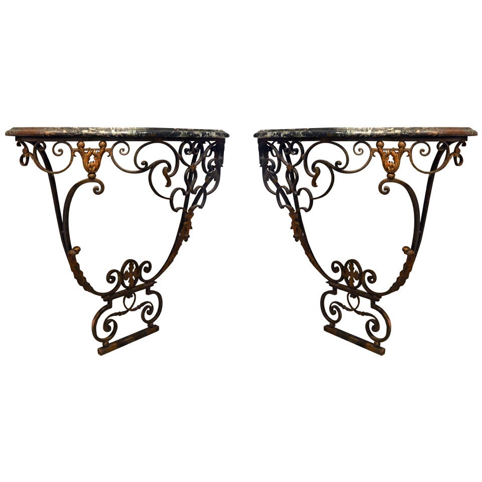 Pair of Antique Wrought Iron, Gilt and Marble Console Tables