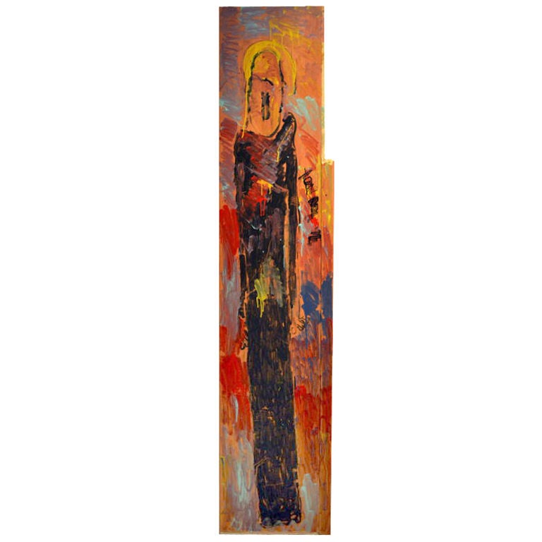 This angel stands 8 feet tall.  It was created by outsider artist Purvis Young on a found wood panel with house paint in vibrant colors and signed mid-right.
