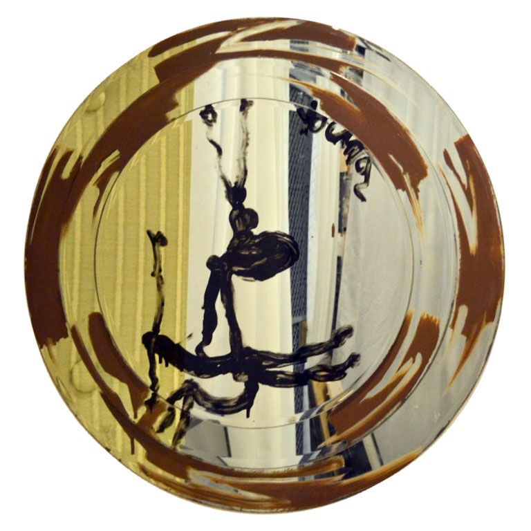 Three circular beveled mirrors upon each other form a Deco look.  Acrylic was then applied by the late artist Purvis Young (1943-2010), who was noted for painting on found material.<br />
<br />
This mirror was painted for Art Basel 2002 in Miami,
