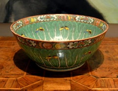 19th Century Antique Famille Verte Cabbage Leaf Punch Bowl