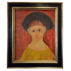 Vintage Oil Portrait Painting of a Young Girl Wearing a Hat