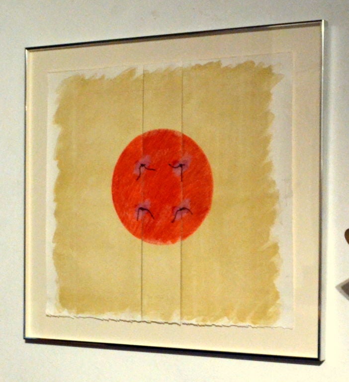 English Pop Art Artist Richard Smith, whose work was celebrated with a major retrospective at the Tate Gallery and at MIT created this Triptych mixed media work on paper and  appropriately titled it RED BUTTON. 

Hand tied yarn holds together