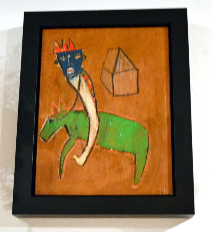 This is a perfect example of self-taught, outsider artist Karl Mullen’s work of a man riding a green horse.  Painted on board with walnut oil and powdered pigments, signed with the artists initial “K” in the lower right front side.  The artwork has