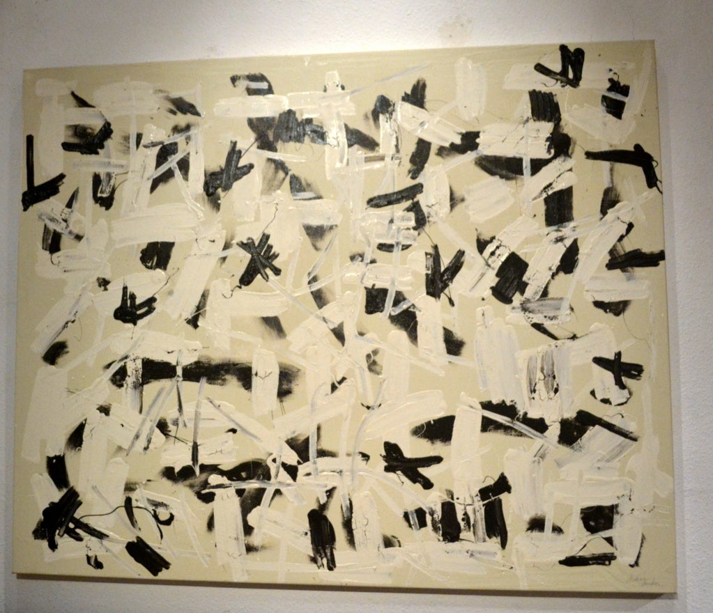 Black, white and shades of gray brushstrokes are presented in this painting titled; TWITTER, by self-taught California artist 