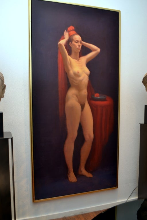 Classically trained artist Elias J. Rivera (born 1937) who resides in Santa Fe, N.M., painted this amazing female nude portrait in oil on canvas.  Elegantly framed and standing 7 feet 2 1/2 inches tall.  Signed in the lower front right.