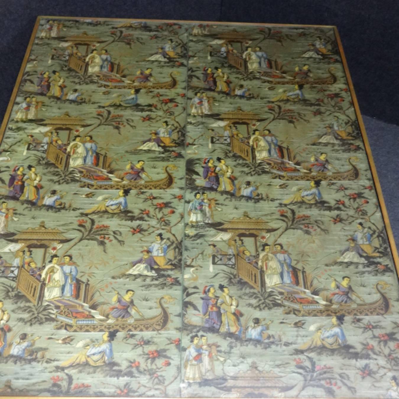 Offered for sale is this very rare and  outstanding hand-painted Chinese screen, which has been mounted onto the top of a bespoke painted coffee table, with a plate glass top, in very good condition.