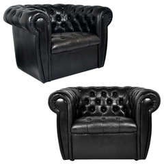 Vintage Black Leather Chesterfield Club Chairs