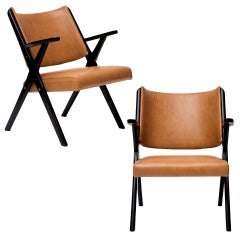 Vintage Ebonized Elm & Tan Leather Armchairs