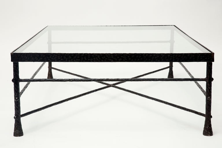 French Diego Giacometti Style Hand Hammered Iron & Glass Coffee Table