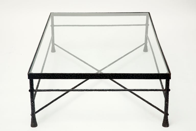 Diego Giacometti Style Hand Hammered Iron & Glass Coffee Table In Good Condition In Austin, TX