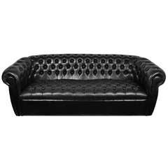 Retro English Black Leather Chesterfield Sofa