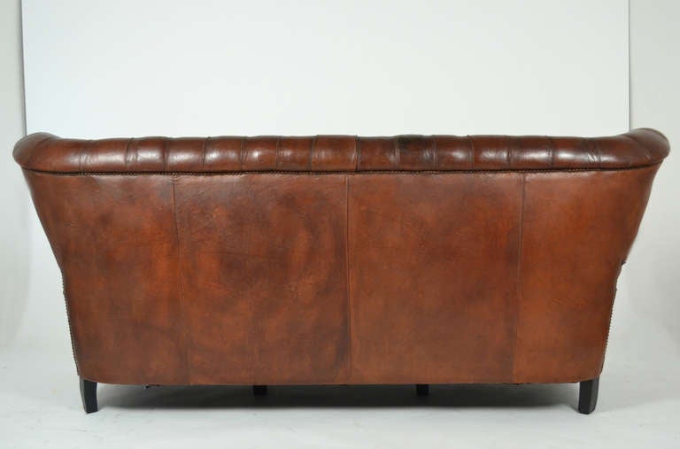 Antique Spanish Art Deco Tufted Leather Sofa In Good Condition In Austin, TX