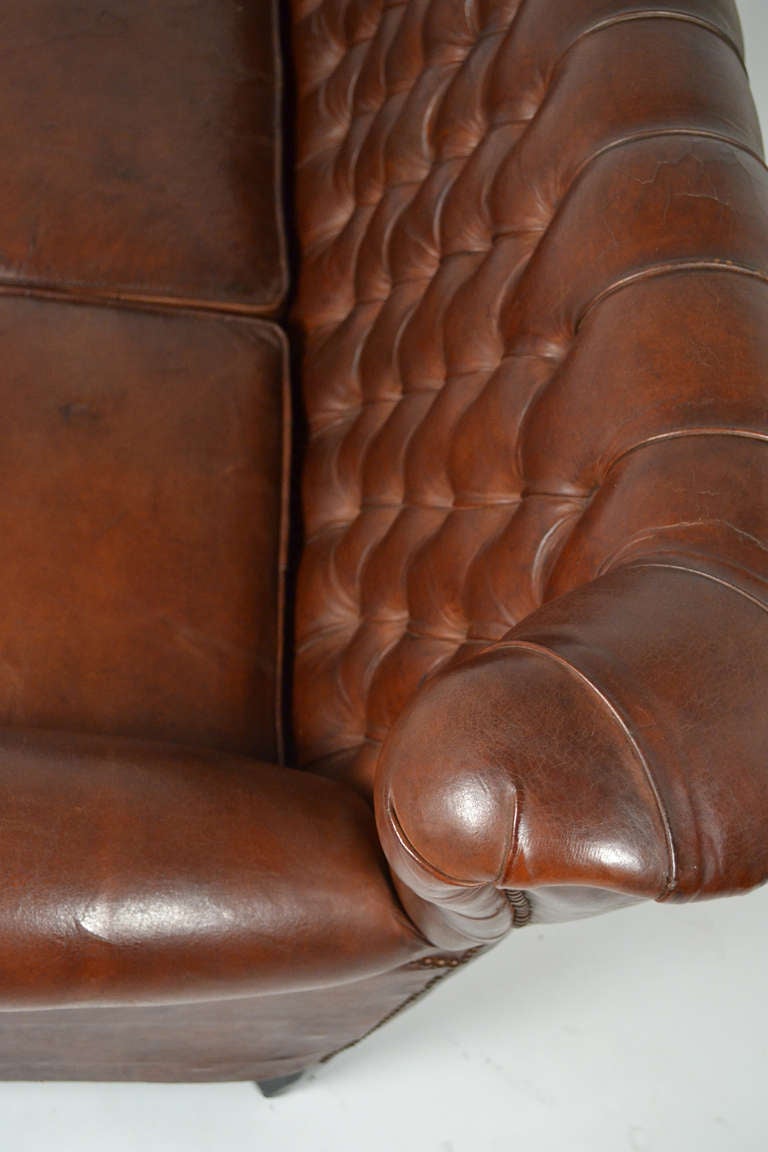 Mid-20th Century Antique Spanish Art Deco Tufted Leather Sofa