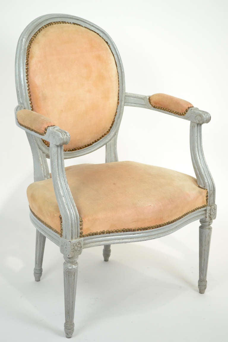 Pair of Louis XVI Grey/Blue Patina Armchairs at 1stDibs