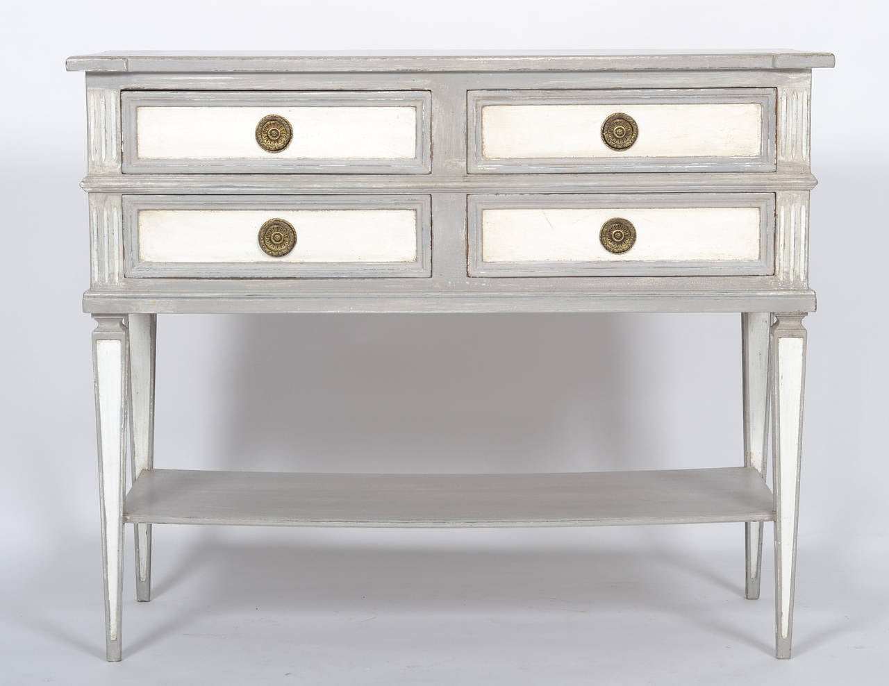 Patinated Faux Pair of French Directoire Style Console Tables with Drawers