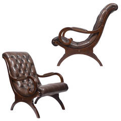 Vintage Pair of French  Leather & Mahogany Lounge Chairs