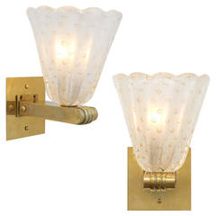 Pair of Murano "Pulegoso" Glass and Brass Sconces