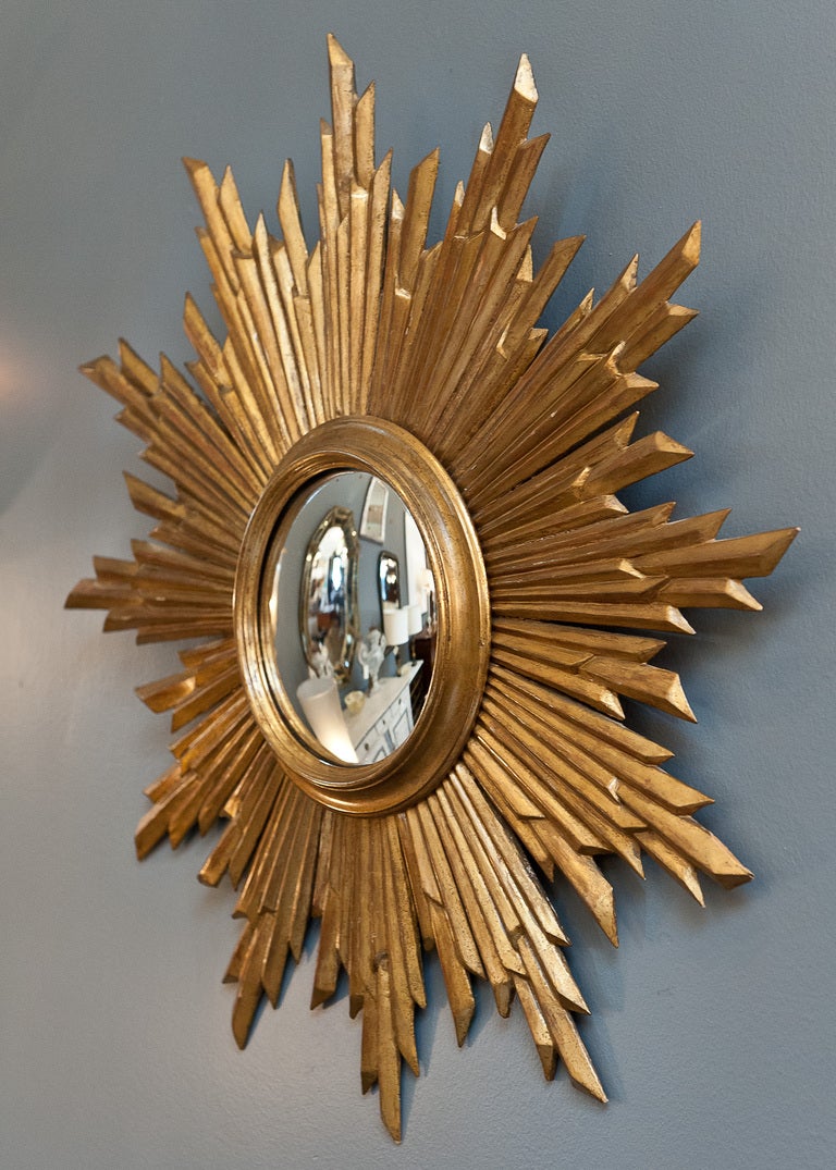 Art Deco Convex Gilded Sunburst Mirror from Spain