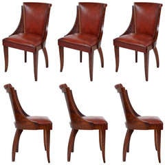 French Art Deco Set Of 6 Red Leather Chairs