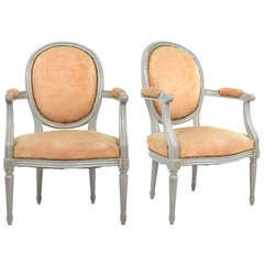 Pair of Louis XVI Grey/Blue Patina Armchairs