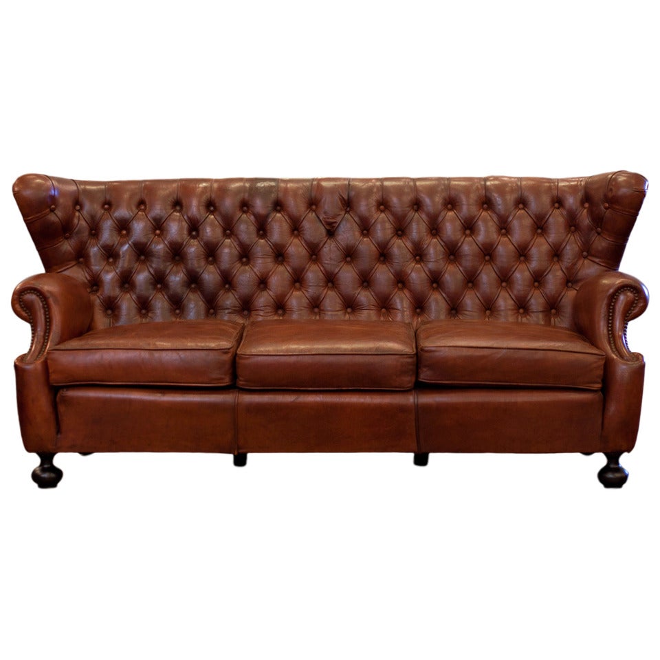 Antique Spanish Art Deco Tufted Leather Sofa