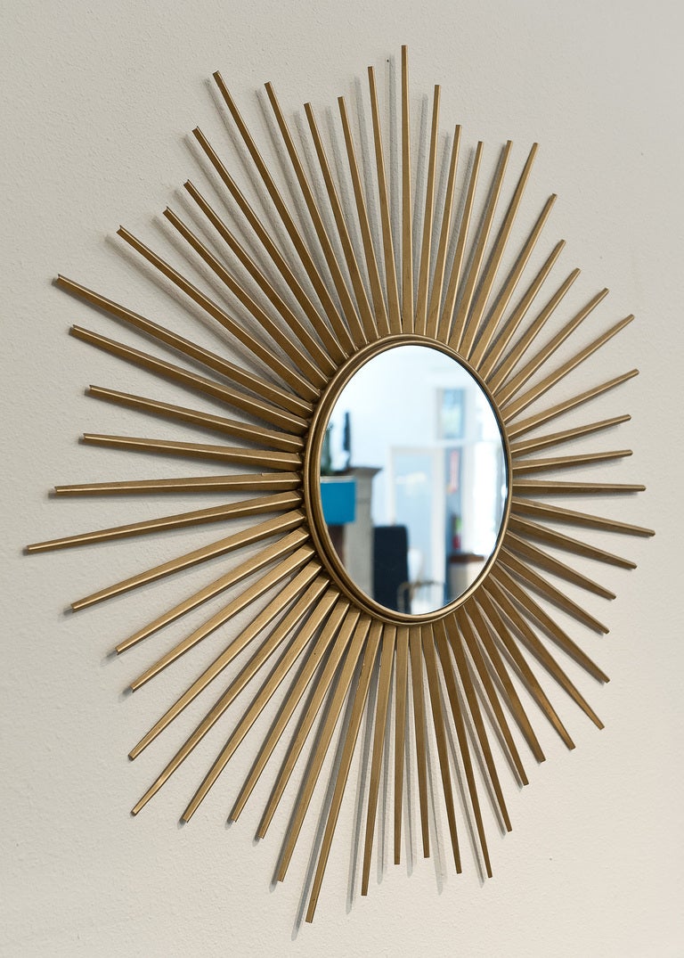 French Vintage Gilded Brass Sunburst Mirror