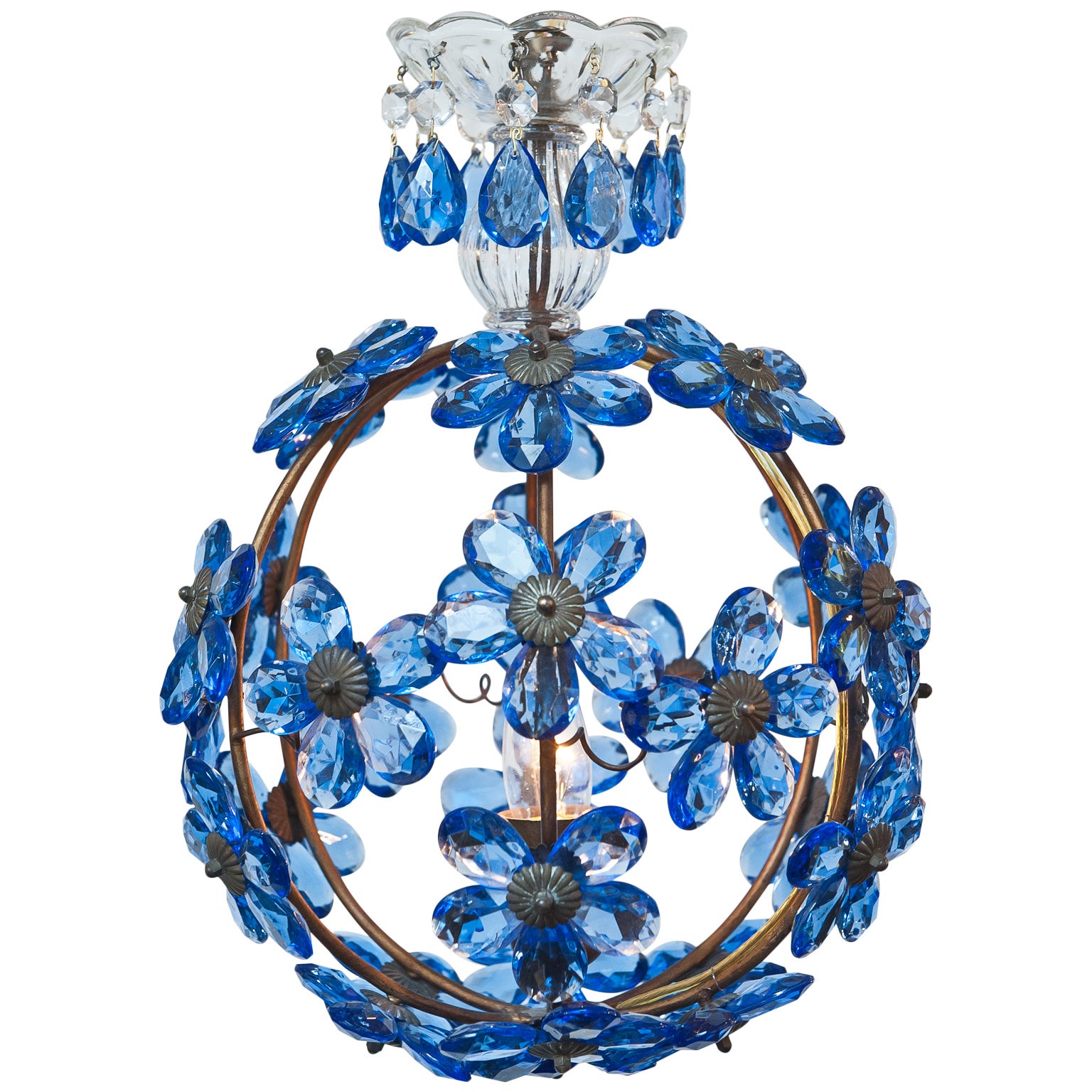 Antique Sapphire Blue Crystal & Brass Chandelier