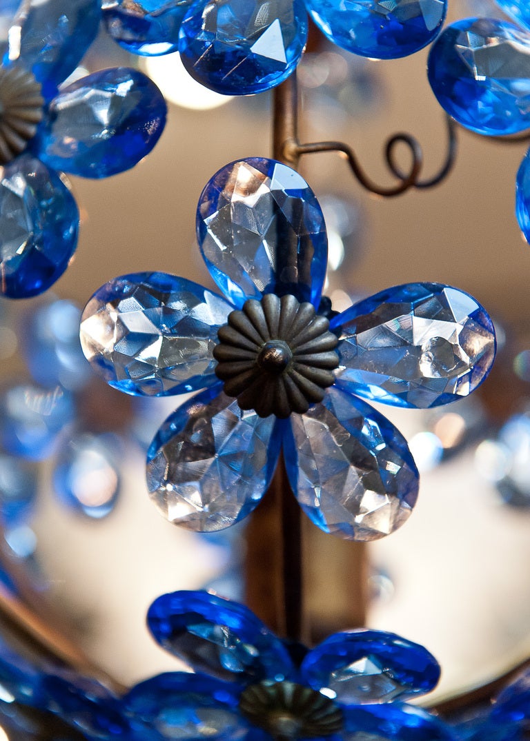 Antique Sapphire Blue Crystal & Brass Chandelier In Good Condition In Austin, TX