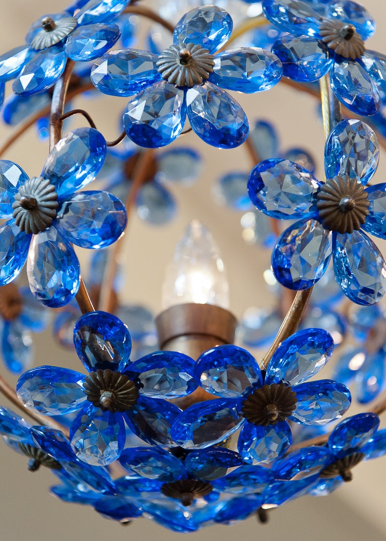 Antique Sapphire Blue Crystal & Brass Chandelier 1