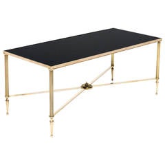 French Vintage Black Glass and Brass Coffee Table
