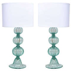 Pair of Murano Aquamarine Glass Lamps