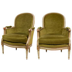 French Louis XVI Green Velvet Bergeres