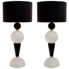 Pair of Murano Jet Black and Pulegoso Glass Lamps