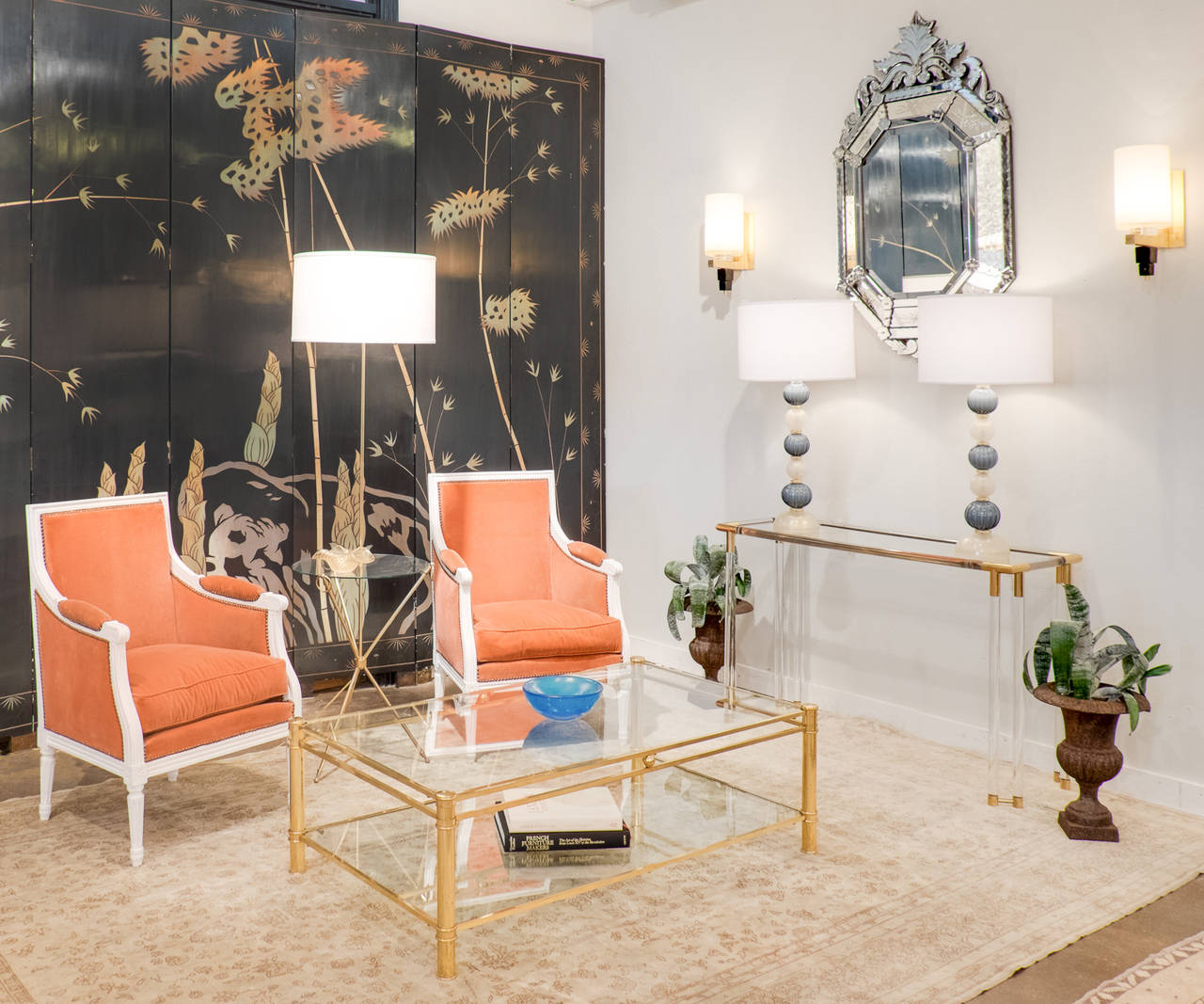 French Vintage Lucite and Brass Console Table
