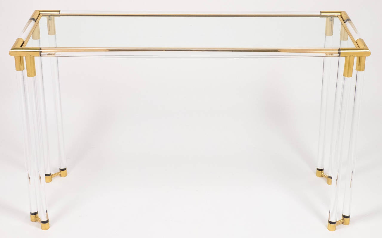 French Vintage Lucite and Brass Console Table In Good Condition In Austin, TX