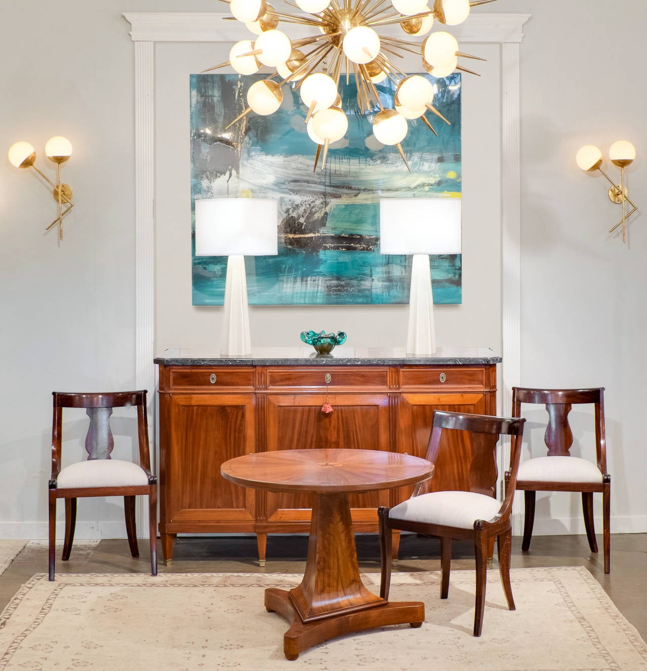 Italian pair of hand-blown Murano glass table lamps with "polvera d'oro," 23-karat gold flecks, fused over opalina glass. Height to the top of the glass is 19.5 in. Rewired for the US.