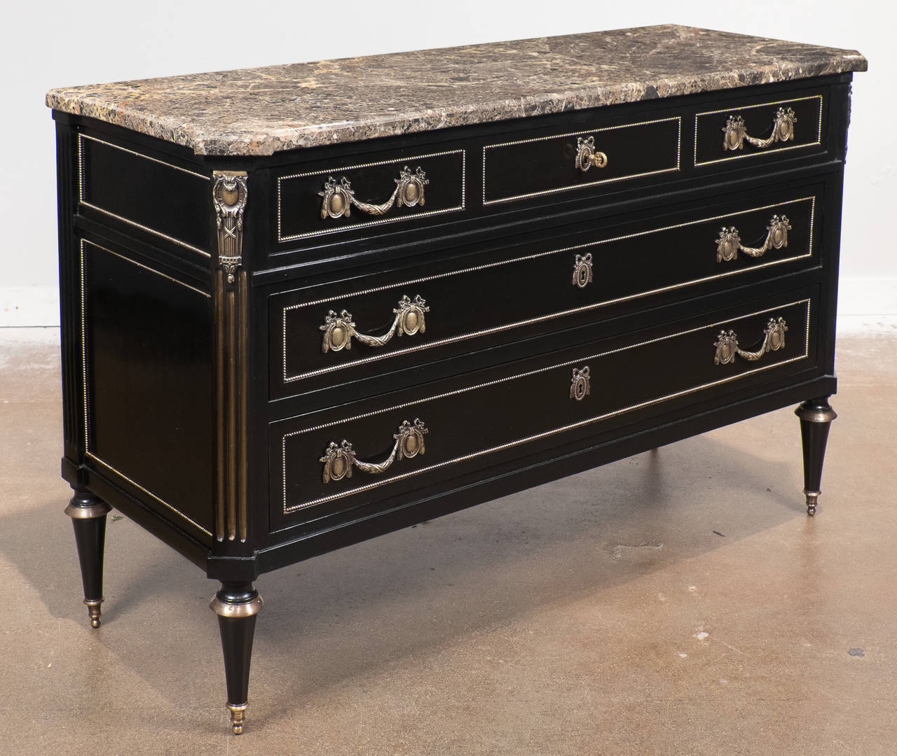 Cast French Louis XVI Ebonized Marble-Top Commode