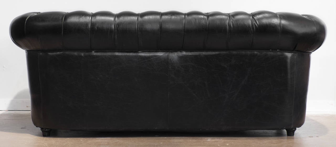 English Vintage Black Leather Chesterfield Sofa