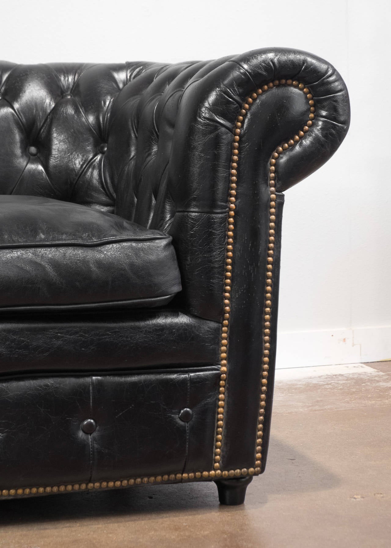 Brass Vintage Black Leather Chesterfield Sofa