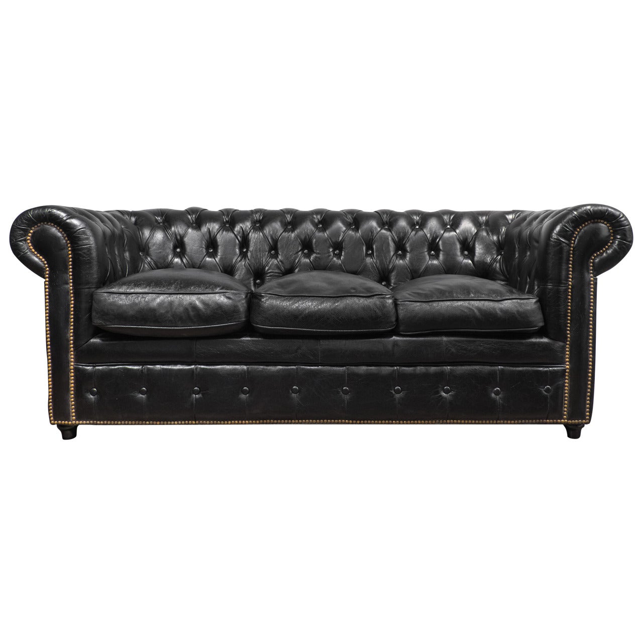 Vintage Black Leather Chesterfield Sofa