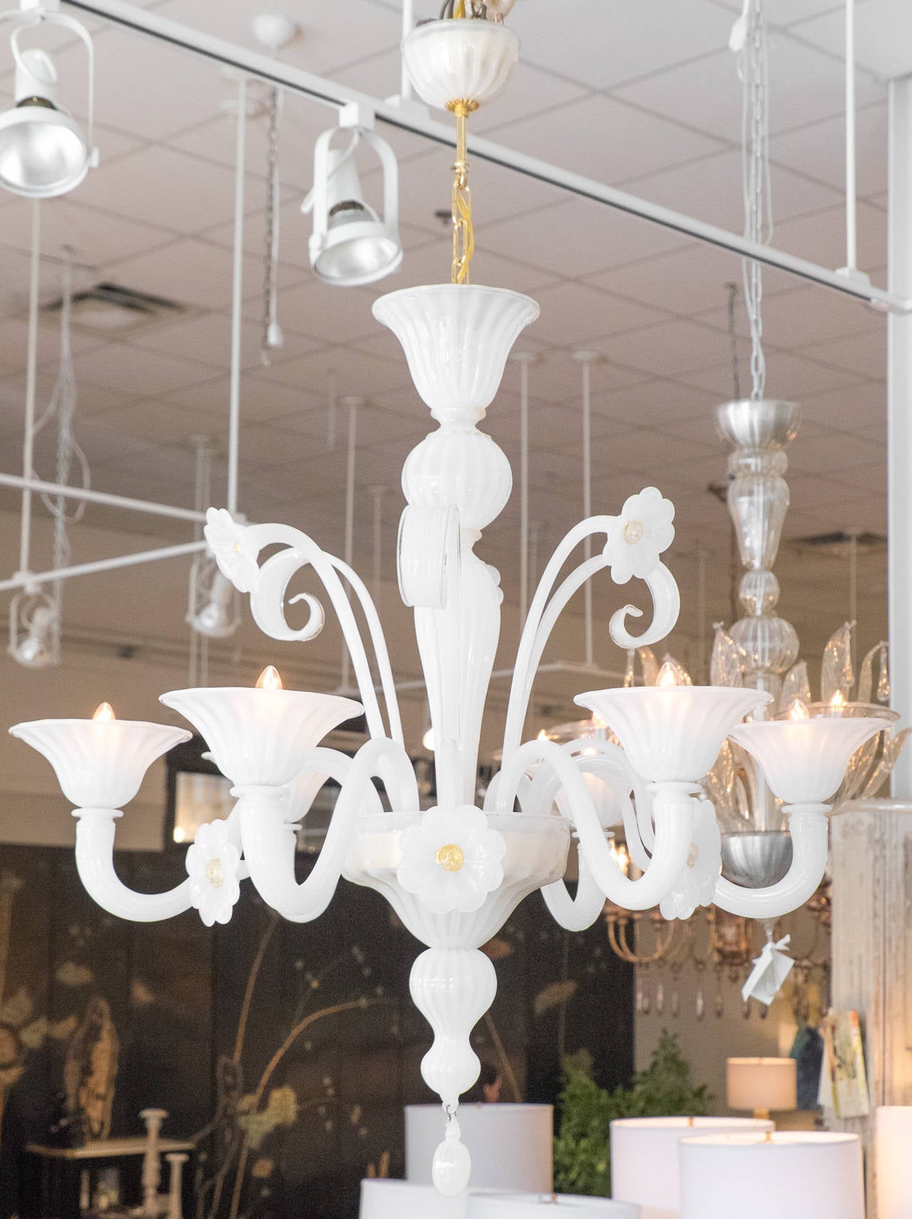 A charming, whimsical handblown Murano glass chandelier in translucent white 