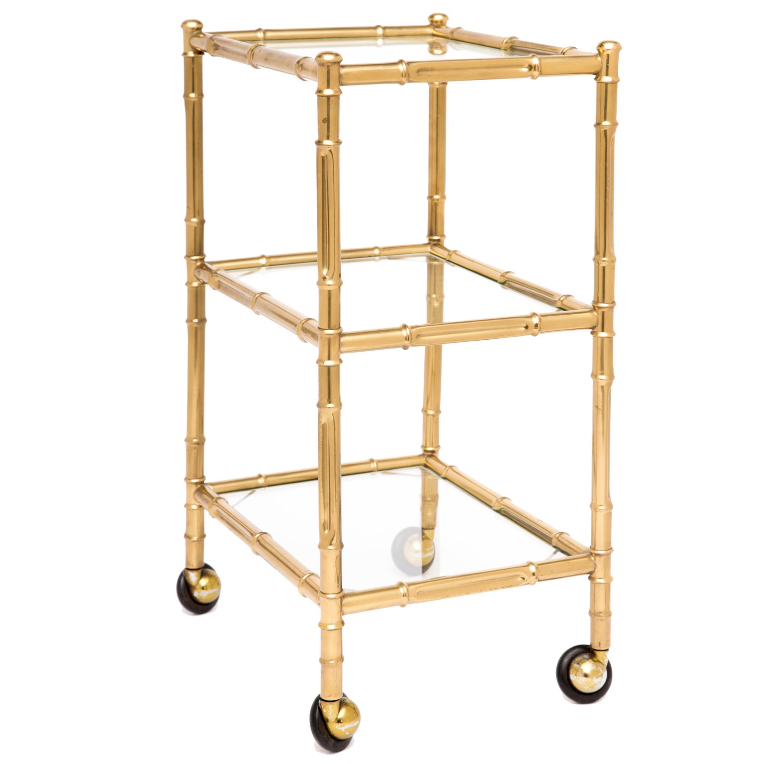French Gilt Brass & Glass 3-Tiered Side Table On Casters