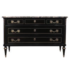 Antique French Louis XVI Ebonized Marble-Top Commode